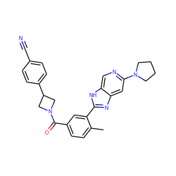 Cc1ccc(C(=O)N2CC(c3ccc(C#N)cc3)C2)cc1-c1nc2cc(N3CCCC3)ncc2[nH]1 ZINC000217846773