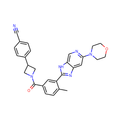 Cc1ccc(C(=O)N2CC(c3ccc(C#N)cc3)C2)cc1-c1nc2cc(N3CCOCC3)ncc2[nH]1 ZINC000142402841