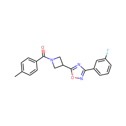 Cc1ccc(C(=O)N2CC(c3nc(-c4cccc(F)c4)no3)C2)cc1 ZINC000095578889