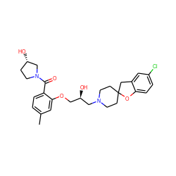 Cc1ccc(C(=O)N2CC[C@H](O)C2)c(OC[C@@H](O)CN2CCC3(CC2)Cc2cc(Cl)ccc2O3)c1 ZINC000096271618