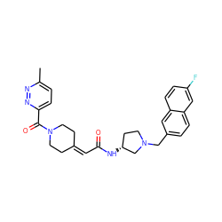 Cc1ccc(C(=O)N2CCC(=CC(=O)N[C@@H]3CCN(Cc4ccc5cc(F)ccc5c4)C3)CC2)nn1 ZINC000043152077