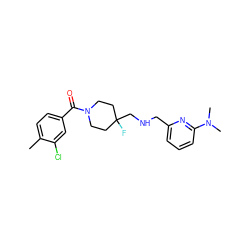 Cc1ccc(C(=O)N2CCC(F)(CNCc3cccc(N(C)C)n3)CC2)cc1Cl ZINC000013797291