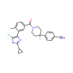 Cc1ccc(C(=O)N2CCC(F)(c3ccc(C#N)cc3)CC2)cc1-c1nc(C2CC2)[nH]c1Cl ZINC000220782077