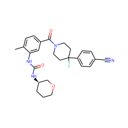 Cc1ccc(C(=O)N2CCC(F)(c3ccc(C#N)cc3)CC2)cc1NC(=O)N[C@@H]1CCCOC1 ZINC000150298899