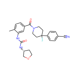 Cc1ccc(C(=O)N2CCC(F)(c3ccc(C#N)cc3)CC2)cc1NC(=O)N[C@@H]1CCOC1 ZINC000150326730