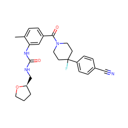 Cc1ccc(C(=O)N2CCC(F)(c3ccc(C#N)cc3)CC2)cc1NC(=O)NC[C@H]1CCCO1 ZINC000150251597