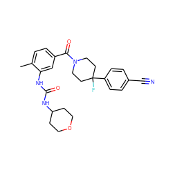 Cc1ccc(C(=O)N2CCC(F)(c3ccc(C#N)cc3)CC2)cc1NC(=O)NC1CCOCC1 ZINC000150041886