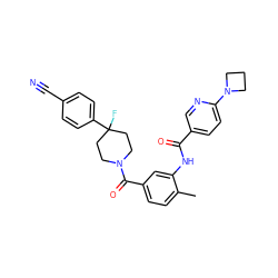 Cc1ccc(C(=O)N2CCC(F)(c3ccc(C#N)cc3)CC2)cc1NC(=O)c1ccc(N2CCC2)nc1 ZINC000098185335