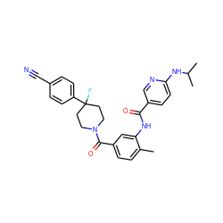 Cc1ccc(C(=O)N2CCC(F)(c3ccc(C#N)cc3)CC2)cc1NC(=O)c1ccc(NC(C)C)nc1 ZINC000150298457