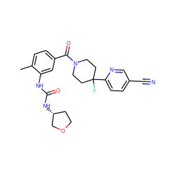 Cc1ccc(C(=O)N2CCC(F)(c3ccc(C#N)cn3)CC2)cc1NC(=O)N[C@@H]1CCOC1 ZINC000150249852