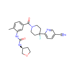 Cc1ccc(C(=O)N2CCC(F)(c3ccc(C#N)cn3)CC2)cc1NC(=O)N[C@H]1CCOC1 ZINC000143585507