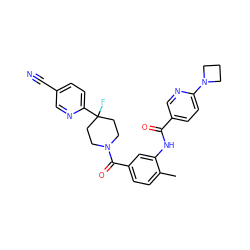 Cc1ccc(C(=O)N2CCC(F)(c3ccc(C#N)cn3)CC2)cc1NC(=O)c1ccc(N2CCC2)nc1 ZINC000143528207