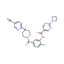 Cc1ccc(C(=O)N2CCC(F)(c3ccc(C#N)cn3)CC2)cc1NC(=O)c1cnc(N2CCC2)nc1 ZINC000150062056