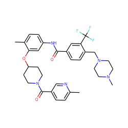 Cc1ccc(C(=O)N2CCC(Oc3cc(NC(=O)c4ccc(CN5CCN(C)CC5)c(C(F)(F)F)c4)ccc3C)CC2)cn1 ZINC001772578677