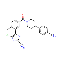 Cc1ccc(C(=O)N2CCC(c3ccc(C#N)cc3)CC2)cc1-c1[nH]c(C#N)nc1Cl ZINC000141958792