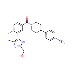 Cc1ccc(C(=O)N2CCC(c3ccc(C#N)cc3)CC2)cc1-c1[nH]c(CO)nc1C ZINC000142883760