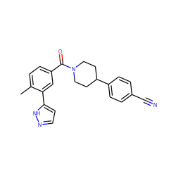 Cc1ccc(C(=O)N2CCC(c3ccc(C#N)cc3)CC2)cc1-c1ccn[nH]1 ZINC000220777929