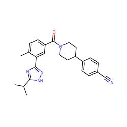 Cc1ccc(C(=O)N2CCC(c3ccc(C#N)cc3)CC2)cc1-c1n[nH]c(C(C)C)n1 ZINC000205759829