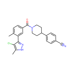 Cc1ccc(C(=O)N2CCC(c3ccc(C#N)cc3)CC2)cc1-c1n[nH]c(C)c1Cl ZINC000220777204