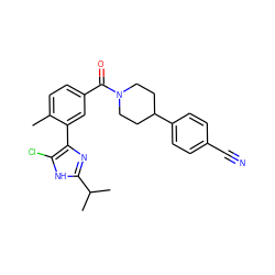 Cc1ccc(C(=O)N2CCC(c3ccc(C#N)cc3)CC2)cc1-c1nc(C(C)C)[nH]c1Cl ZINC000220781914