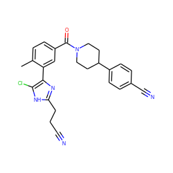 Cc1ccc(C(=O)N2CCC(c3ccc(C#N)cc3)CC2)cc1-c1nc(CCC#N)[nH]c1Cl ZINC001772612457