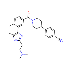 Cc1ccc(C(=O)N2CCC(c3ccc(C#N)cc3)CC2)cc1-c1nc(CCN(C)C)[nH]c1C ZINC000219102541