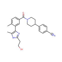 Cc1ccc(C(=O)N2CCC(c3ccc(C#N)cc3)CC2)cc1-c1nc(CCO)[nH]c1C ZINC000219057905