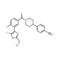 Cc1ccc(C(=O)N2CCC(c3ccc(C#N)cc3)CC2)cc1-c1nc(CO)[nH]c1Cl ZINC000219041964