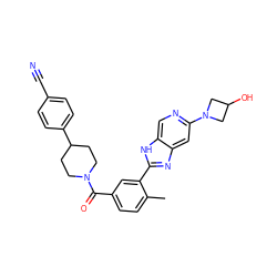 Cc1ccc(C(=O)N2CCC(c3ccc(C#N)cc3)CC2)cc1-c1nc2cc(N3CC(O)C3)ncc2[nH]1 ZINC000095582332