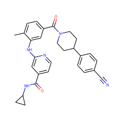 Cc1ccc(C(=O)N2CCC(c3ccc(C#N)cc3)CC2)cc1Nc1cc(C(=O)NC2CC2)ccn1 ZINC000098185396