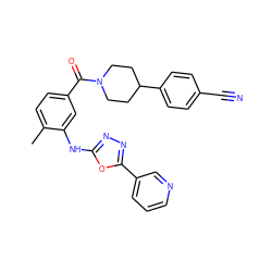 Cc1ccc(C(=O)N2CCC(c3ccc(C#N)cc3)CC2)cc1Nc1nnc(-c2cccnc2)o1 ZINC000098185371