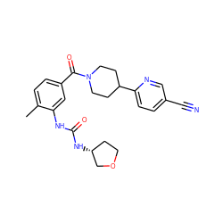 Cc1ccc(C(=O)N2CCC(c3ccc(C#N)cn3)CC2)cc1NC(=O)N[C@@H]1CCOC1 ZINC000098185688