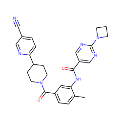 Cc1ccc(C(=O)N2CCC(c3ccc(C#N)cn3)CC2)cc1NC(=O)c1cnc(N2CCC2)nc1 ZINC000150230689