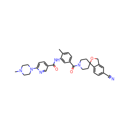 Cc1ccc(C(=O)N2CCC3(CC2)OCc2cc(C#N)ccc23)cc1NC(=O)c1ccc(N2CCN(C)CC2)nc1 ZINC000143576338