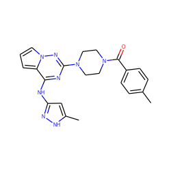 Cc1ccc(C(=O)N2CCN(c3nc(Nc4cc(C)[nH]n4)c4cccn4n3)CC2)cc1 ZINC000066105064