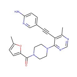 Cc1ccc(C(=O)N2CCN(c3ncnc(C)c3C#Cc3ccc(N)nc3)CC2)o1 ZINC000149467588