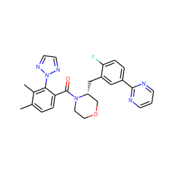 Cc1ccc(C(=O)N2CCOC[C@H]2Cc2cc(-c3ncccn3)ccc2F)c(-n2nccn2)c1C ZINC000222103388