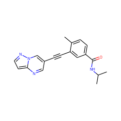 Cc1ccc(C(=O)NC(C)C)cc1C#Cc1cnc2ccnn2c1 ZINC000095590908