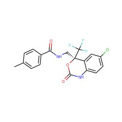 Cc1ccc(C(=O)NC[C@@]2(C(F)(F)F)OC(=O)Nc3ccc(Cl)cc32)cc1 ZINC000045321595