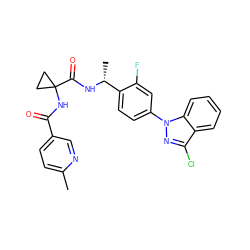 Cc1ccc(C(=O)NC2(C(=O)N[C@H](C)c3ccc(-n4nc(Cl)c5ccccc54)cc3F)CC2)cn1 ZINC000072110882