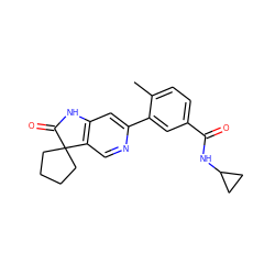 Cc1ccc(C(=O)NC2CC2)cc1-c1cc2c(cn1)C1(CCCC1)C(=O)N2 ZINC000072180274