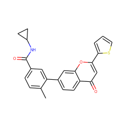 Cc1ccc(C(=O)NC2CC2)cc1-c1ccc2c(=O)cc(-c3cccs3)oc2c1 ZINC000040974804