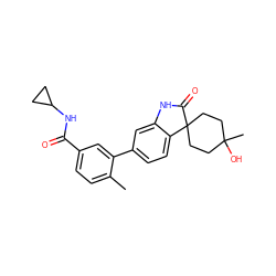 Cc1ccc(C(=O)NC2CC2)cc1-c1ccc2c(c1)NC(=O)C21CCC(C)(O)CC1 ZINC000117951461