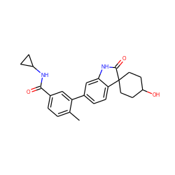 Cc1ccc(C(=O)NC2CC2)cc1-c1ccc2c(c1)NC(=O)C21CCC(O)CC1 ZINC000072141491