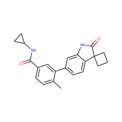 Cc1ccc(C(=O)NC2CC2)cc1-c1ccc2c(c1)NC(=O)C21CCC1 ZINC000072111311