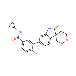 Cc1ccc(C(=O)NC2CC2)cc1-c1ccc2c(c1)NC(=O)C21CCOCC1 ZINC000072179928