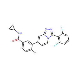 Cc1ccc(C(=O)NC2CC2)cc1-c1ccn2c(-c3c(F)cccc3F)nnc2c1 ZINC000068119982