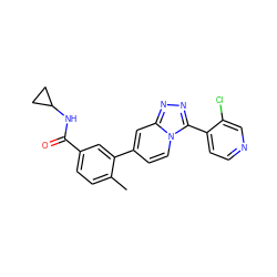 Cc1ccc(C(=O)NC2CC2)cc1-c1ccn2c(-c3ccncc3Cl)nnc2c1 ZINC000084742105