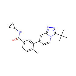 Cc1ccc(C(=O)NC2CC2)cc1-c1ccn2c(C(C)(C)C)nnc2c1 ZINC000084742642