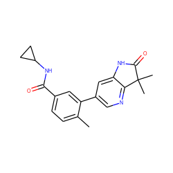 Cc1ccc(C(=O)NC2CC2)cc1-c1cnc2c(c1)NC(=O)C2(C)C ZINC000072178767